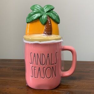 Rae Dunn “Sandal Season” Pink Mug with Palm Tree Sunset Topper